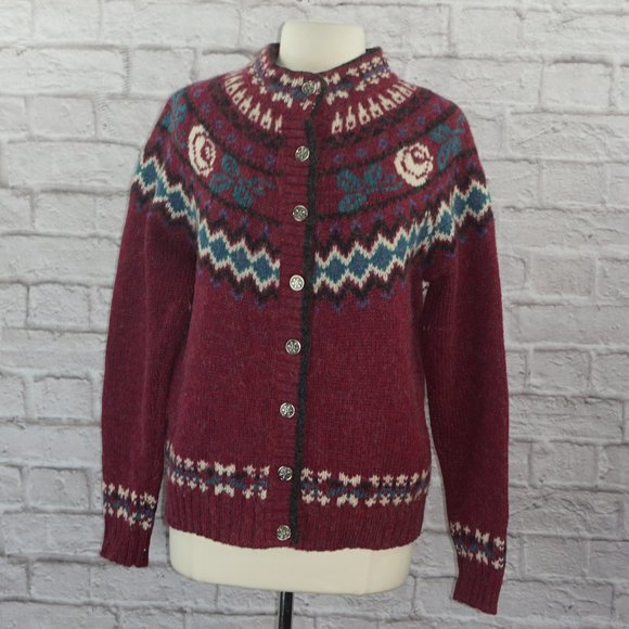Vintage 80s Woolrich Wool Fair Isle Floral Cardigan Sweater - Picture 1 of 6